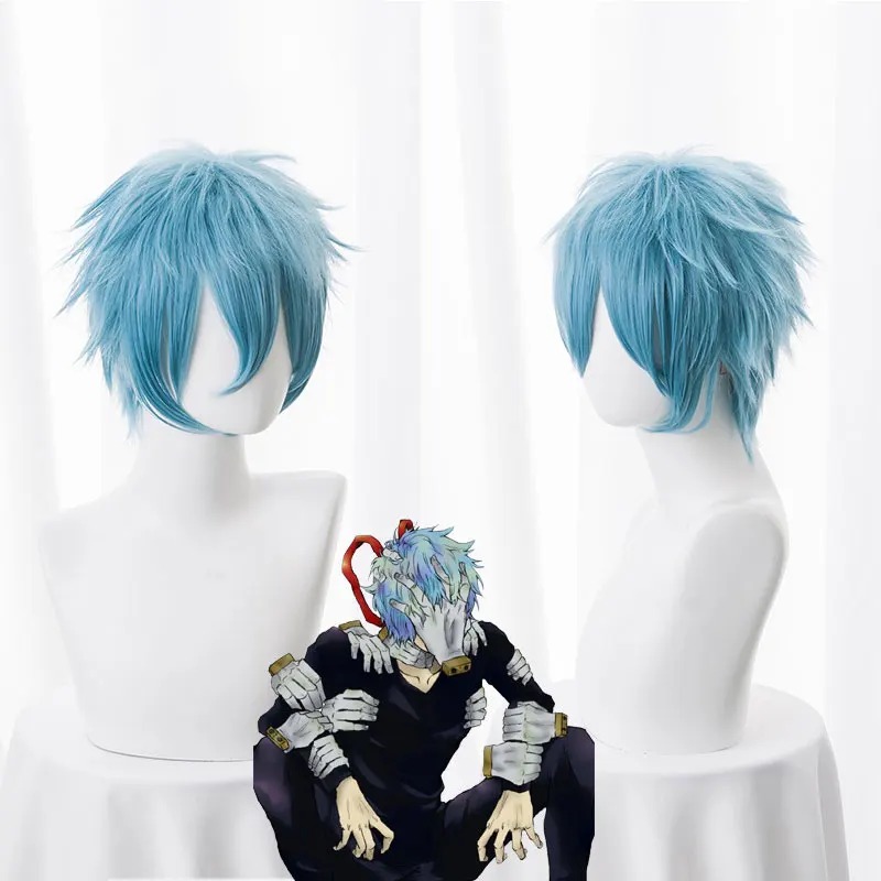 Peruca azul repicada do Shigaraki, My Hero Academia, de frente e de lado