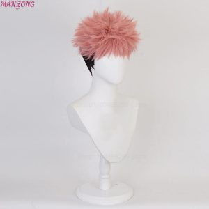 Peruca curta rosa com nuca preta do Yuji Itadori, Jujutsu Kaisen, num busto branco