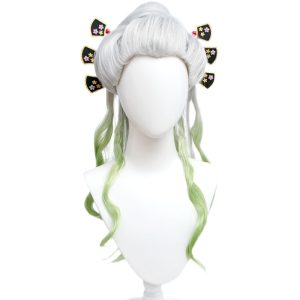 Peruca da Daki, de Demon Slayer, branca com pontas verdes onduladas e enfeites dourados para o cabelo