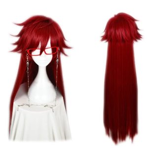 Peruca vermelha longa e lisa do Grell Sutcliff, de frente e de costas, em um busto, Black Butler