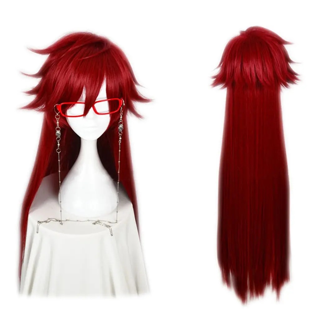 Peruca vermelha longa e lisa do Grell Sutcliff, de frente e de costas, em um busto, Black Butler