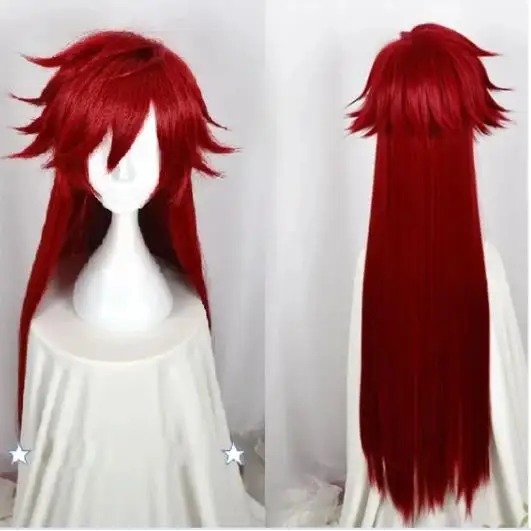 Peruca vermelha escura do Grell Sutcliff com franja repicada, de frente e de costas, Black Butler