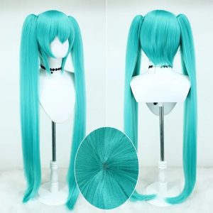Peruca azul-esverdeada da Hatsune Miku, de Vocaloid, com as duas maria-chiquinhas, de frente e de costas