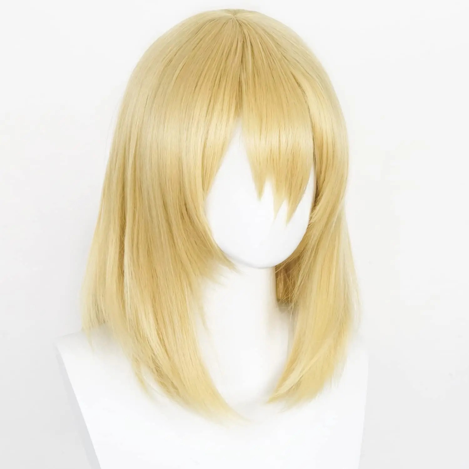 Peruca loira de comprimento médio do Howl em suporte branco, vista frontal