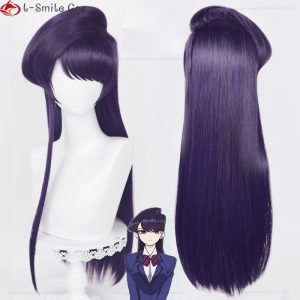 Peruca roxa escura, longa e lisa, da Komi-san, de Komi Can't Communicate, com franja reta