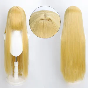 Peruca loira amarela lisa de 80 cm com franja