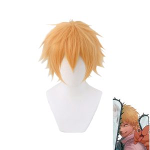 Peruca curta loira alaranjada do Denji, de Chainsaw Man, com fios desfiados