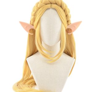 Peruca loira longa da Princesa Zelda, de Breath of the Wild, com trança no alto e orelhas de elfa
