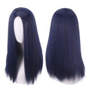 Peruca longa e lisa azul-escura da Caitlyn, Arcane, de frente e de trás