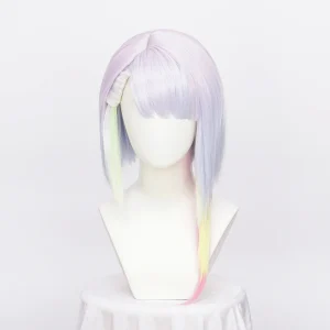 Peruca branca lilás com mechas coloridas, da Lucy de Cyberpunk: Edgerunners