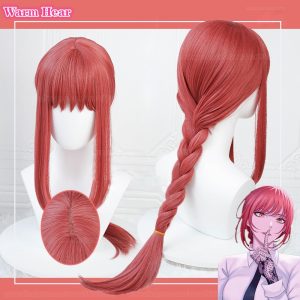 Peruca ruiva rosada da Makima, de Chainsaw Man, com franja e trança longa