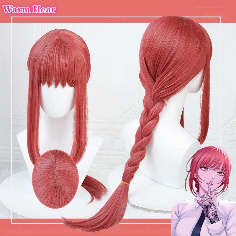 Peruca ruiva rosada da Makima, de Chainsaw Man, com franja e trança longa