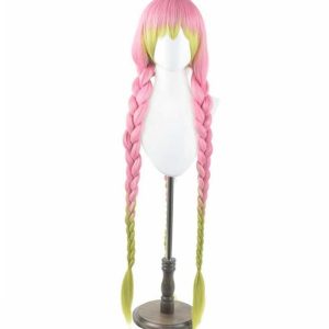 Peruca da Mitsuri Kanroji, de Demon Slayer, rosa com pontas verdes em tranças longas