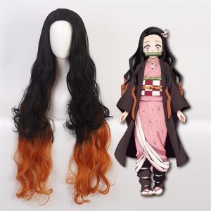 Peruca longa ondulada preta com pontas laranja da Nezuko Kamado, de Demon Slayer