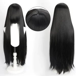 Peruca preta lisa de 80 cm com franja