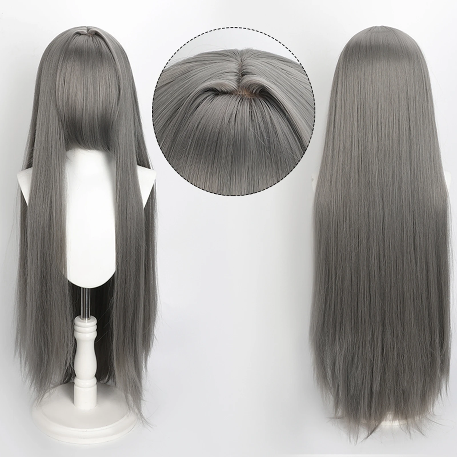 Peruca cinza-escura lisa de 80 cm com franja
