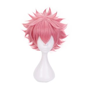 Peruca rosa curta e arrepiada da Mina Ashido, My Hero Academia, num suporte branco