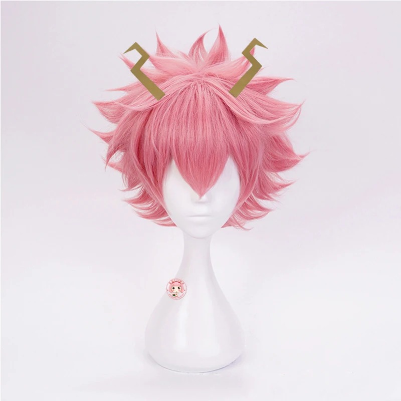 Peruca rosa da Mina Ashido com os chifres de prender, cosplay de My Hero Academia