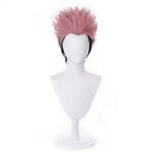 Peruca curta rosa com nuca preta do Ryomen Sukuna, Jujutsu Kaisen, num busto branco