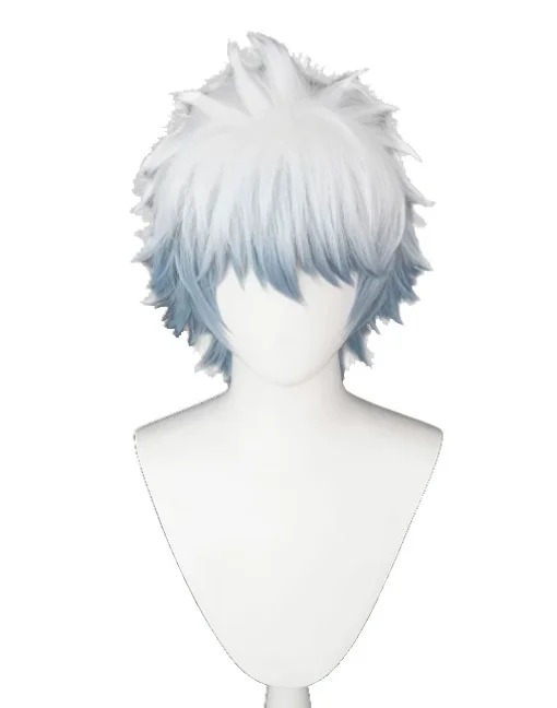 Peruca branca do Gintoki com pontas azul-claro, de frente, num busto de exibição