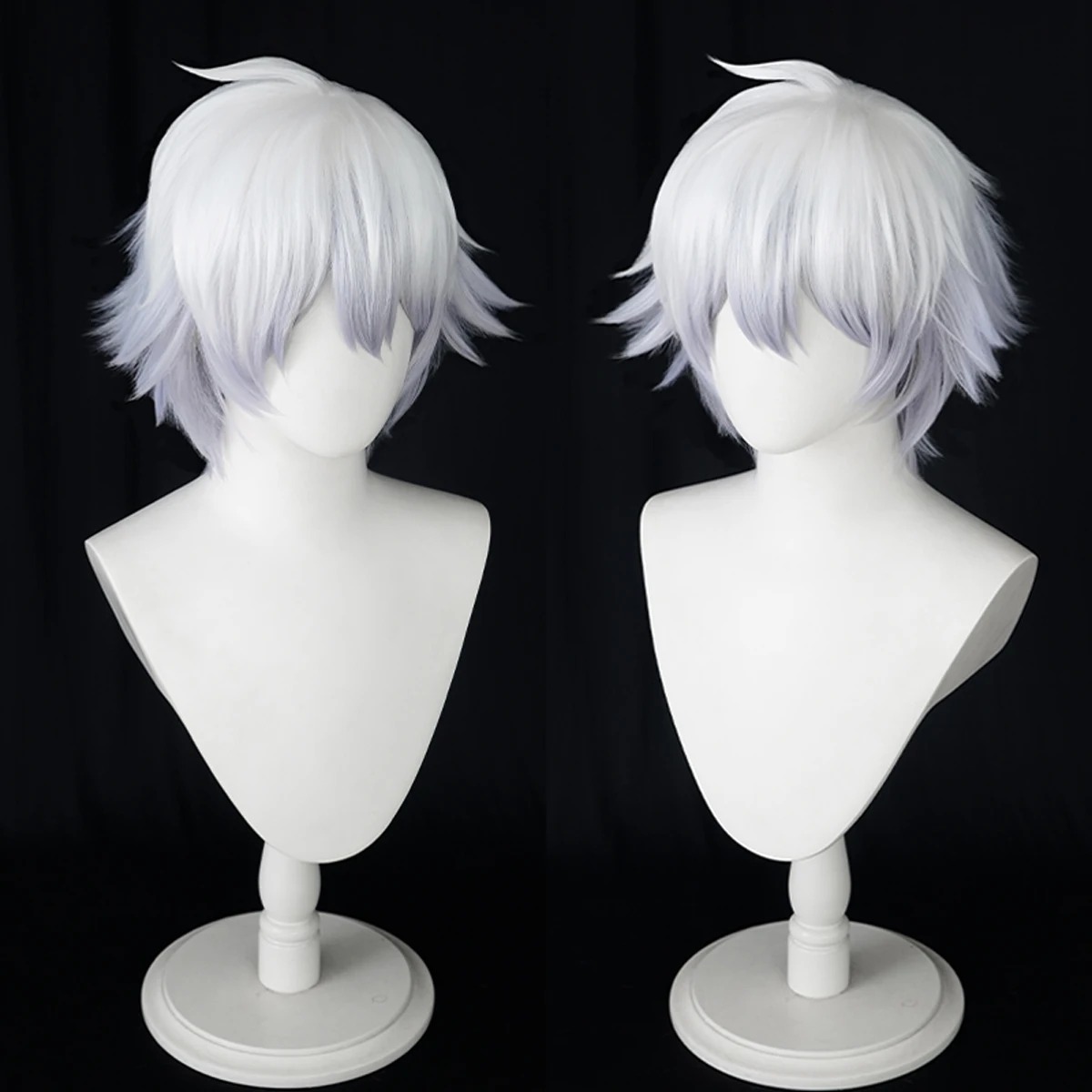 Peruca clara do Gintoki em tom lilás, de frente e de costas, num busto