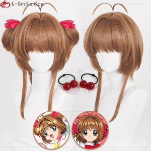 Peruca castanha clara da Sakura Kinomoto, de Sakura Card Captors, com prendedores vermelhos de bolinha