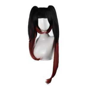 Peruca preta da Tokisaki Kurumi com maria-chiquinhas longas de pontas vermelhas, num busto branco