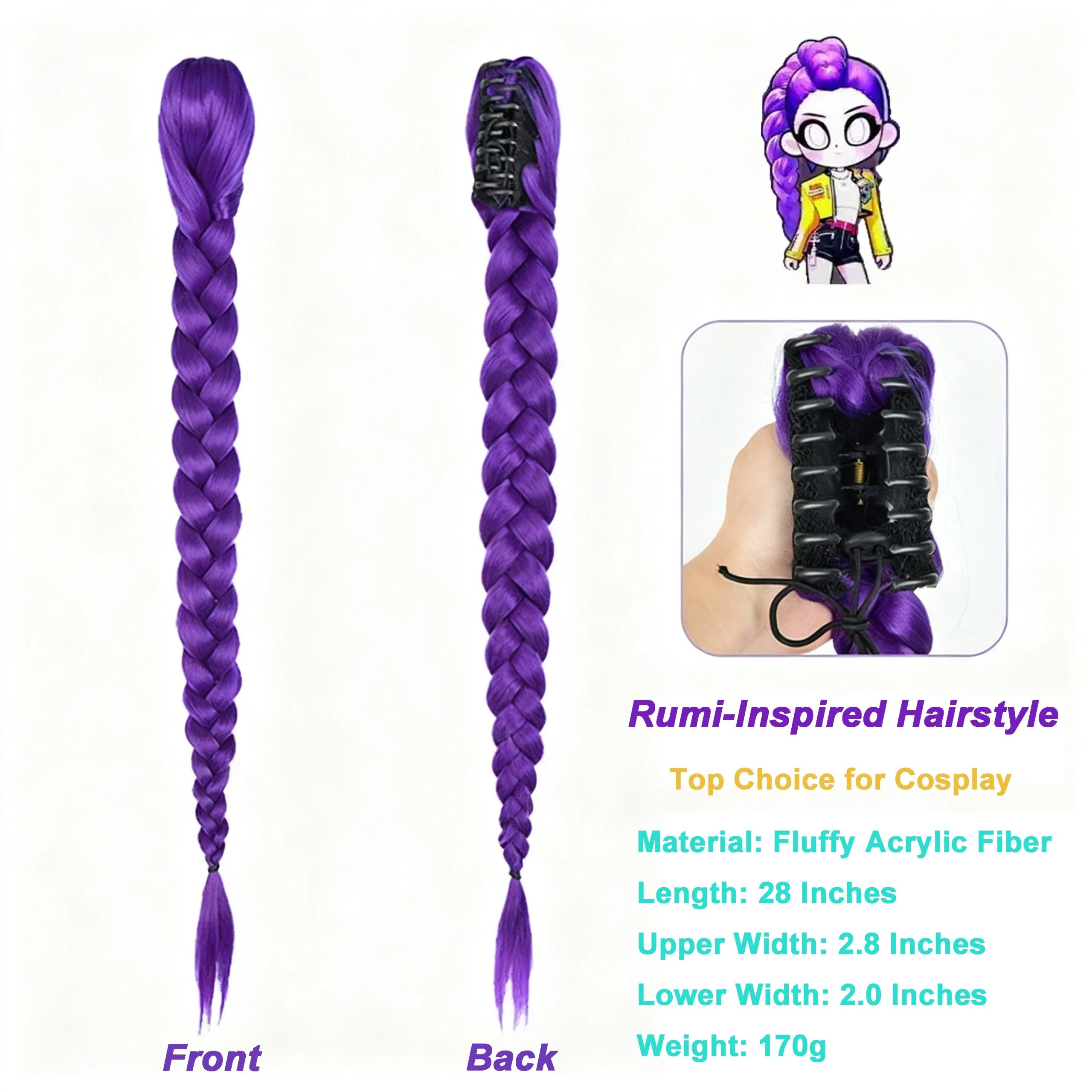 Trança roxa longa de frente e de costas, peruca para cosplay da Rumi de Guerreiras do K-Pop