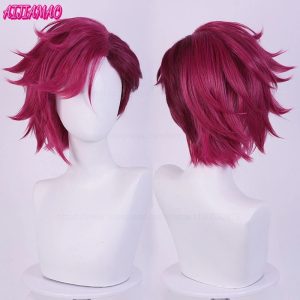 Peruca curta rosa escuro da Vi, Arcane, de frente e de trás num busto branco