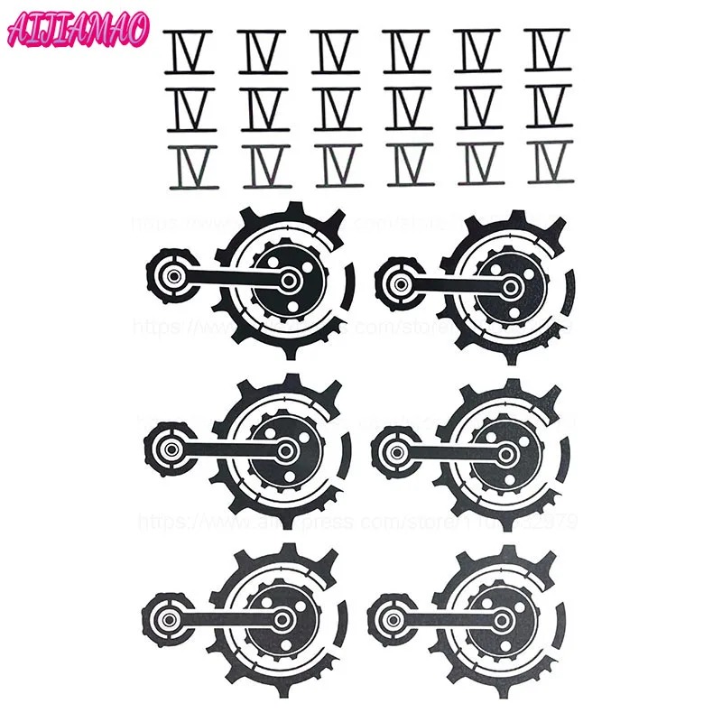 Cartela de tatuagens adesivas com numerais e engrenagens, extra do cosplay da Vi