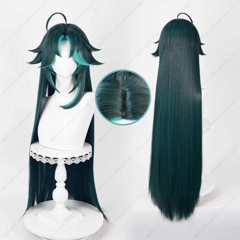 Peruca lisa e longa do Xiao, de Genshin Impact, em verde escuro com mechas verde-água