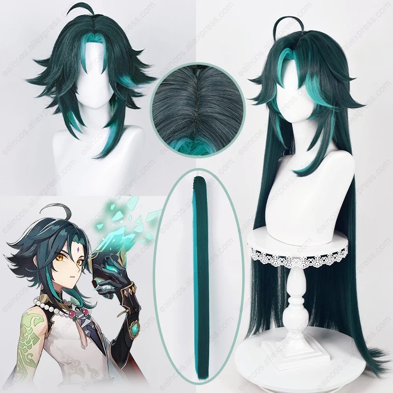 Peruca do Xiao, de Genshin Impact, em detalhe da raiz, ao lado de uma arte do personagem
