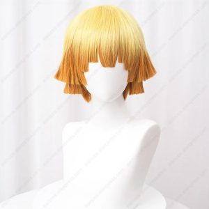 Peruca curta do Zenitsu, de Demon Slayer, em degradê amarelo e laranja, de frente