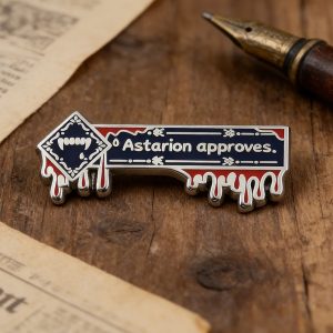 Pin esmaltado Astarion approves, Baldur's Gate 3, com presas de vampiro e sangue escorrendo, sobre madeira