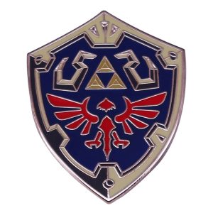Broche esmaltado do Escudo Hylian, azul com Triforce dourado e ave vermelha