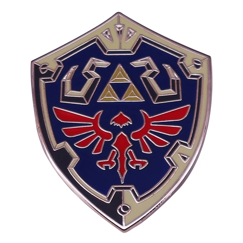 Broche esmaltado do Escudo Hylian, azul com Triforce dourado e ave vermelha