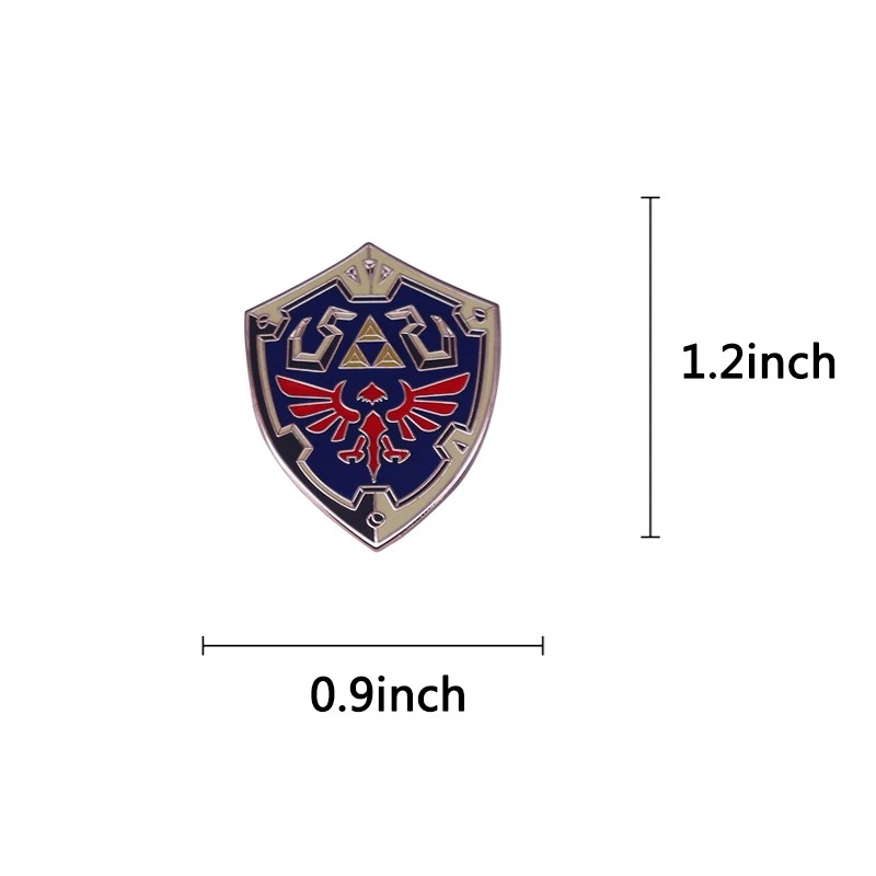 Broche do Escudo Hylian com as medidas de 1,2 por 0,9 polegada