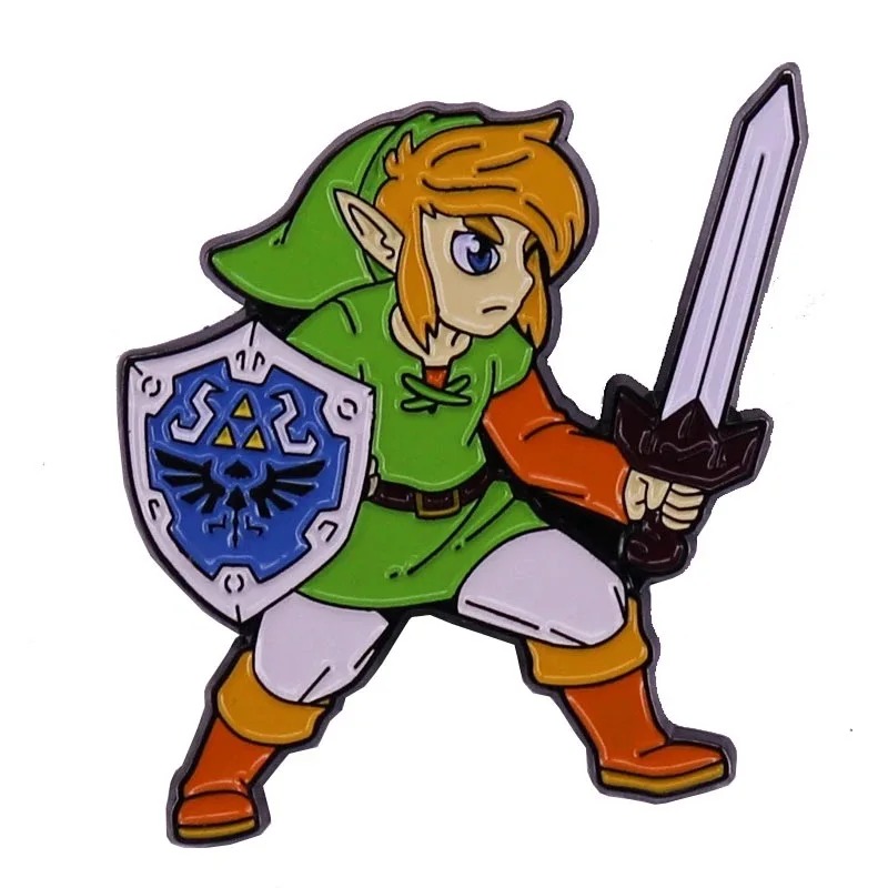 Pin esmaltado do Link com espada e escudo Hylian, de The Legend of Zelda, em arte clássica