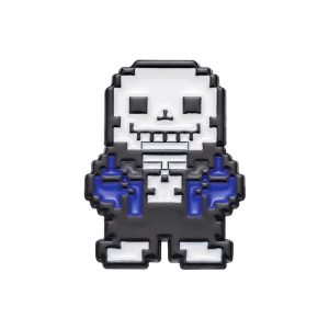 Pin esmaltado do Sans, de Undertale, em pixel art, com moletom azul e contorno preto