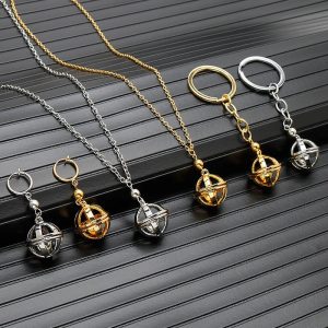 Colar, brinco de clipe e chaveiro com a bola vazada do Kazutora, de Tokyo Revengers, em prata e dourado