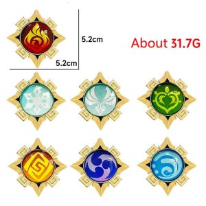 Sete pingentes de Visão de Genshin Impact (Pyro, Cryo, Anemo, Dendro, Geo, Electro e Hydro) com a medida de 5,2 cm