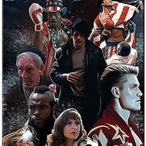 Placa de metal com a arte do filme Rocky, título em destaque e os personagens da saga