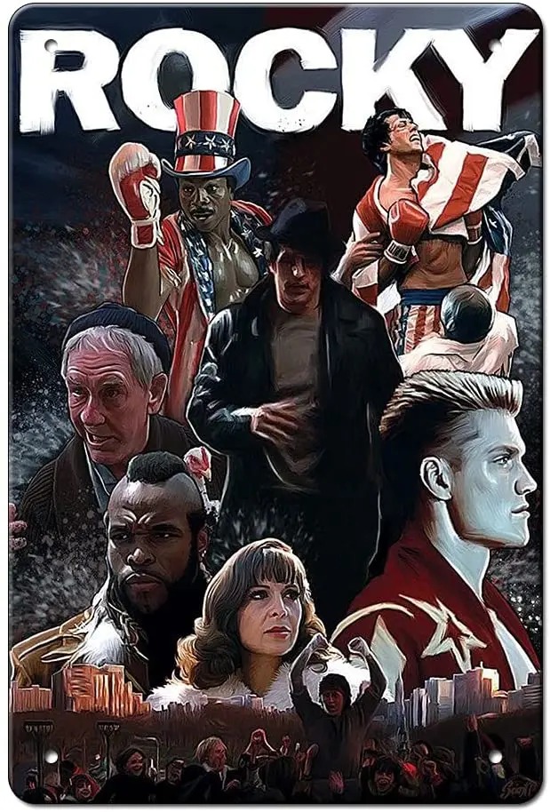 Placa de metal com a arte do filme Rocky, título em destaque e os personagens da saga