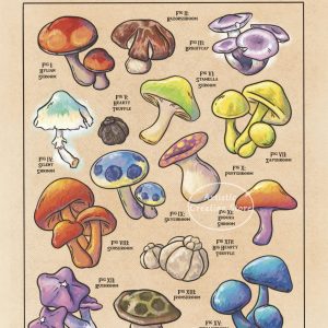 Pôster em canvas com cogumelos de Hyrule identificados, no estilo de guia botânico de Zelda