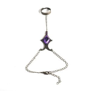 Pulseira de corrente ligada a anel, com cristal roxo em losango, soul gem da Homura