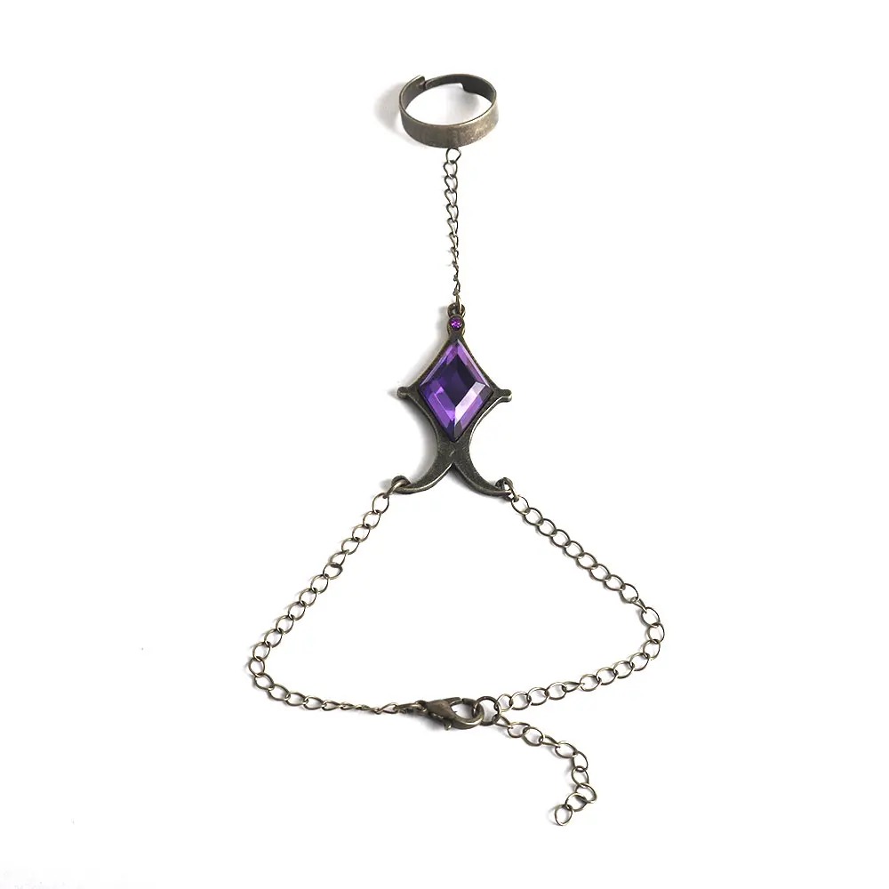 Pulseira de corrente ligada a anel, com cristal roxo em losango, soul gem da Homura
