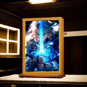 Quadro luminoso de madeira com o Link e a Master Sword brilhando em azul, sobre uma mesa