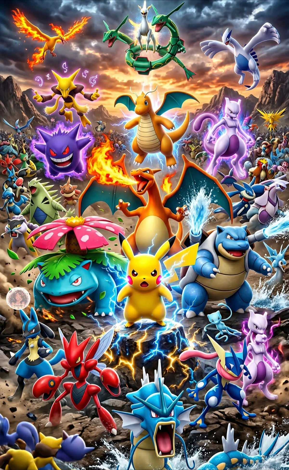 Arte do quebra-cabeça Pokémon com Pikachu, Charizard, Blastoise e outros Pokémon coloridos