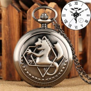 Relógio de bolso bronze com símbolo de Fullmetal Alchemist em relevo e corrente