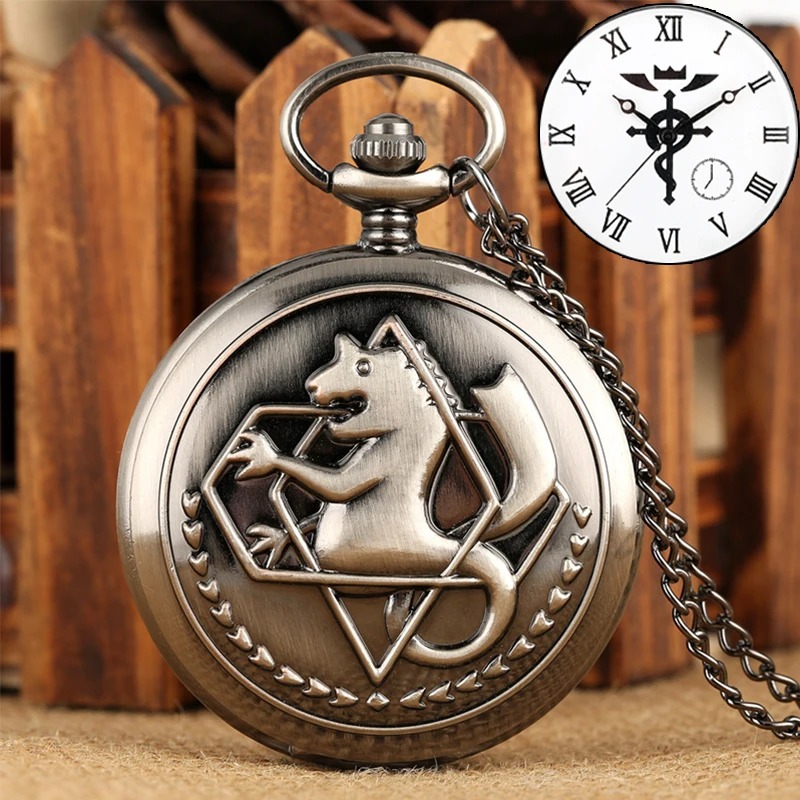 Relógio de bolso bronze com símbolo de Fullmetal Alchemist em relevo e corrente
